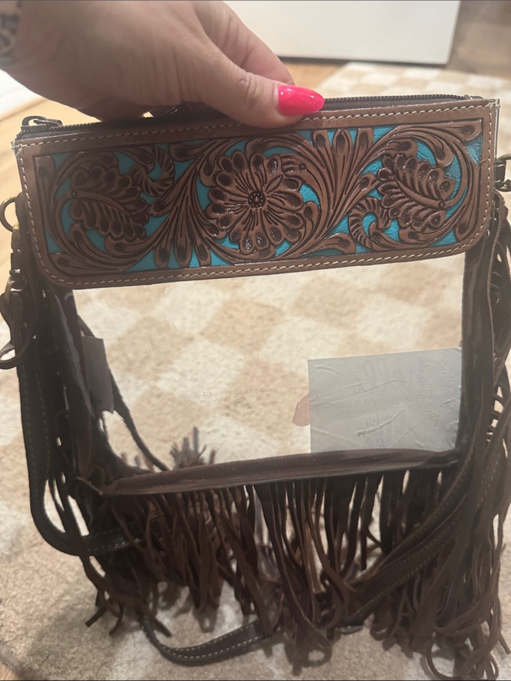 Turquoise & Brown Tooled Fringe Crossbody Bag - Unbranded